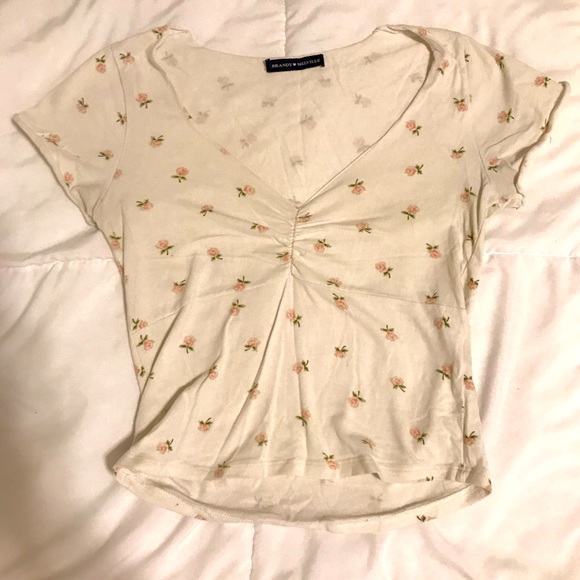 Brandy Melville Tops - Brandy Melville shirt, gathered in the front, with worn pink roses. One size